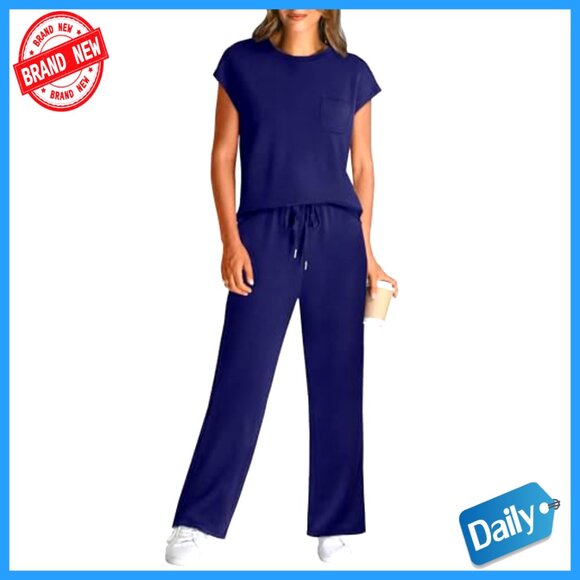 Women's 2-Piece Lounge Set, Cap Sleeve Top & Wide Leg Pants, Size Small - Picture 2 of 7